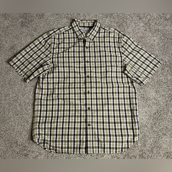 Carhartt Button Down Relaxed Fit Short Sleeve Plaid Pocket Shirt Mens Size Large - Picture 1 of 7